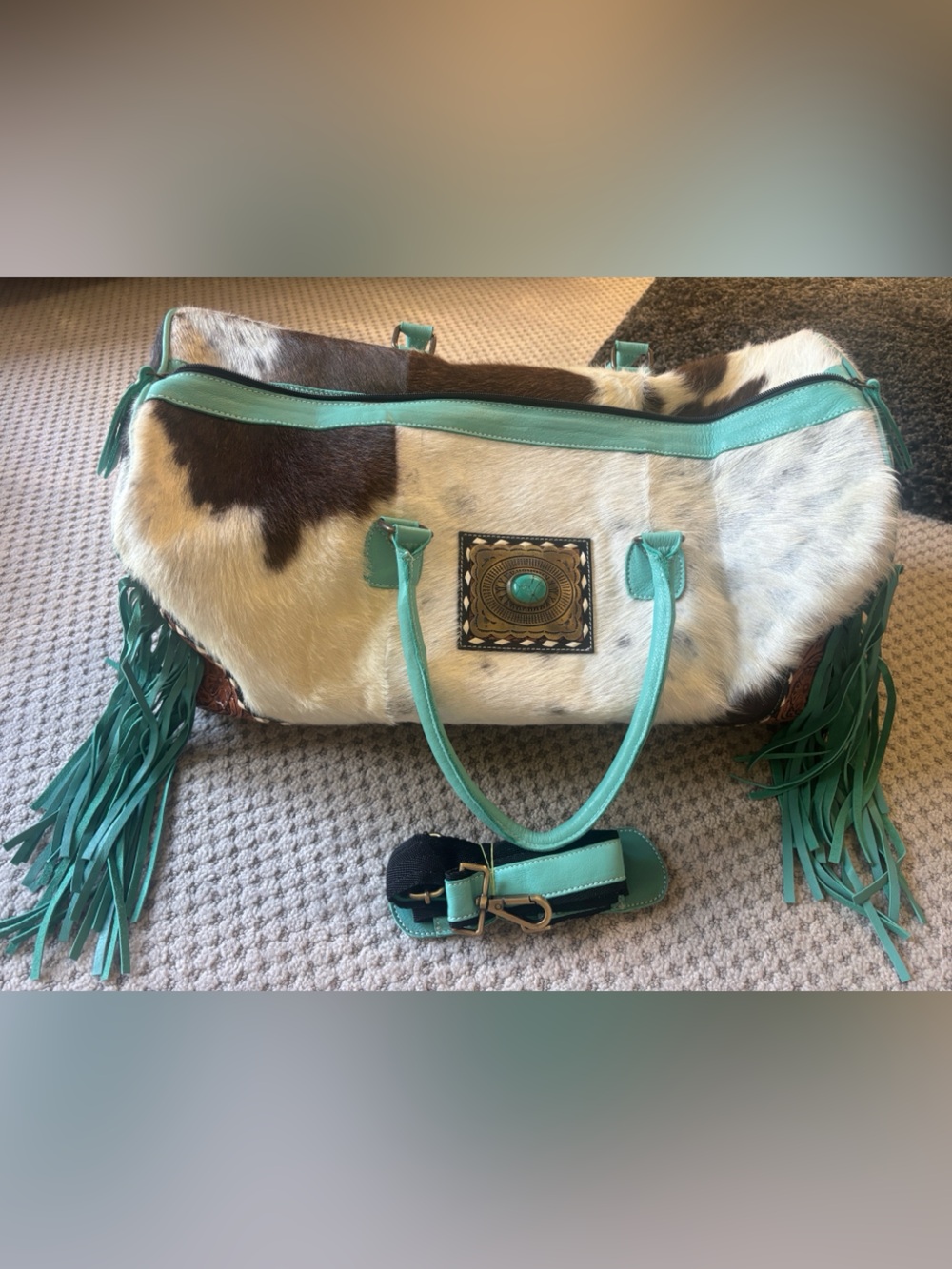Turquoise Trim Cowhide Fringe Tote Bag